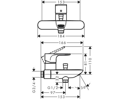 Schéma coté d''un robinet de lavabo avec indication des dimensions