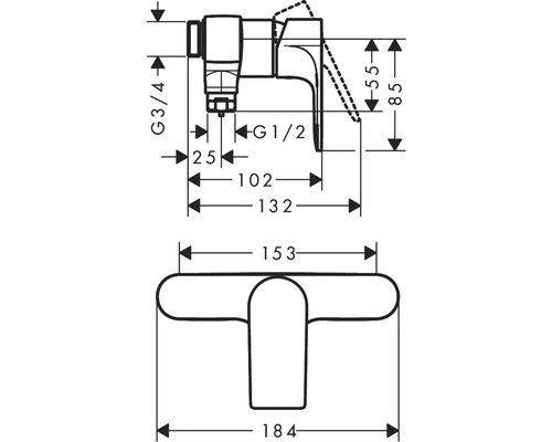 Dessin technique d''un robinet avec indications de mesure