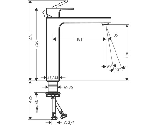 Dessin technique d''un robinet de lavabo avec dimensions