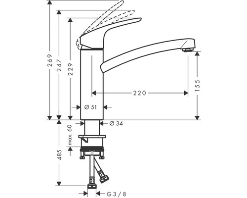 Schéma coté d''un robinet avec indication de la hauteur et du diamètre