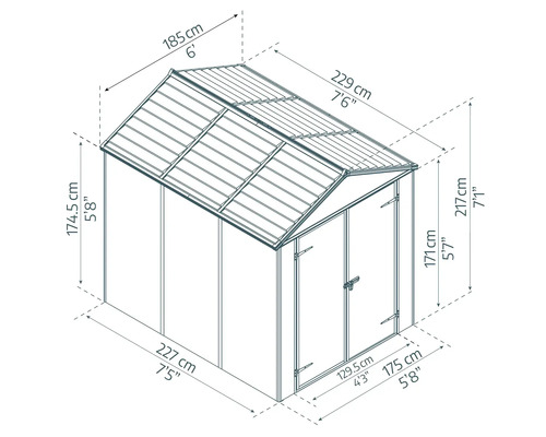 Abmessungen eines Gartenhauses mit Dach, 174,5 cm hoch, 227 cm breit und 185 cm tief