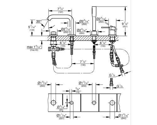 Technische Zeichnung einer Armatur mit Massangaben