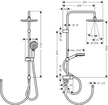 Schéma technique d''un système de douche avec dimensions