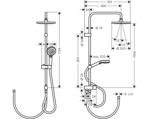 Schéma technique d''un système de douche avec dimensions