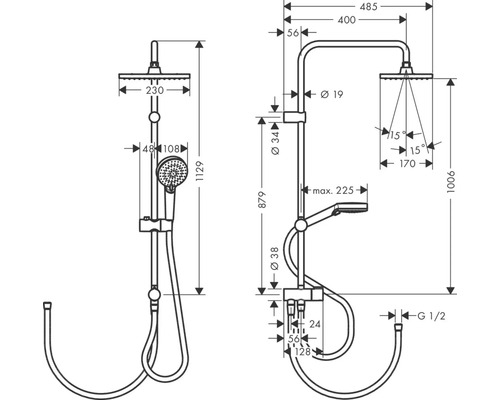 Schéma technique d''un panneau de douche avec indications de dimensions