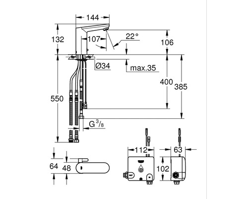 Technische Zeichnung einer Waschtischarmatur mit Maßen