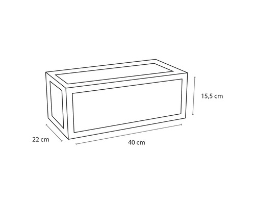 Technische Zeichnung eines Pflanzkastens mit den Maßen 40 cm Länge, 22 cm Breite und 15,5 cm Höhe