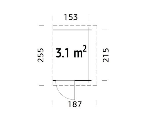 Grundriss mit Massangaben zu einem Gartenhaus, Fläche 3.1 Quadratmeter
