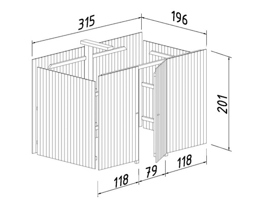 Technische Zeichnung eines Gartenhauses mit Massangaben