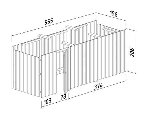 Technische Zeichnung eines Gerätehauses mit Maßangaben.