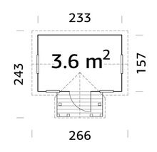 Grundrisszeichnung eines Gartenhauses mit den Massen 233 mal 243 Zentimeter und 3,6 Quadratmeter Grundfläche