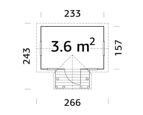 Plan d''un abri de jardin mesurant 233 sur 243 centimètres et d''une superficie de 3,6 mètres carrés