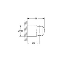 Technische Zeichnung eines Wandbefestigungselements mit den Maßen 40 mm Durchmesser, 61 mm Gesamttiefe und 43 mm Tiefe bis zum Ende der Basis