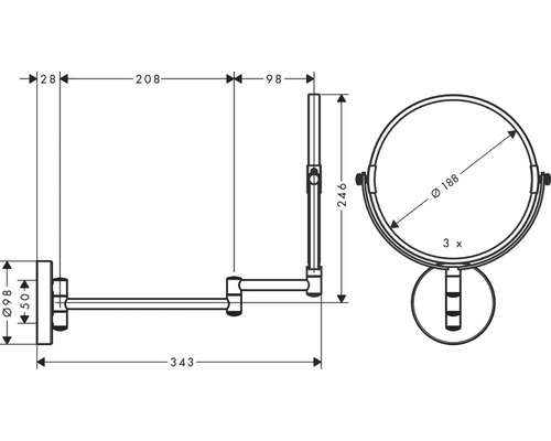 Schéma technique d''un miroir de courtoisie avec bras pivotant et dimensions