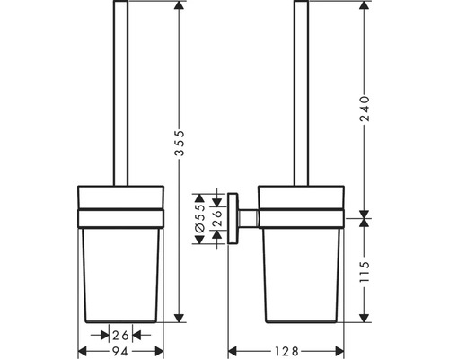 Schéma technique d''un ensemble de brosse de toilette avec indications de dimension