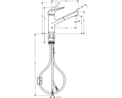 Schéma technique d''un robinet de cuisine avec douchette extractible et indications de dimensions.