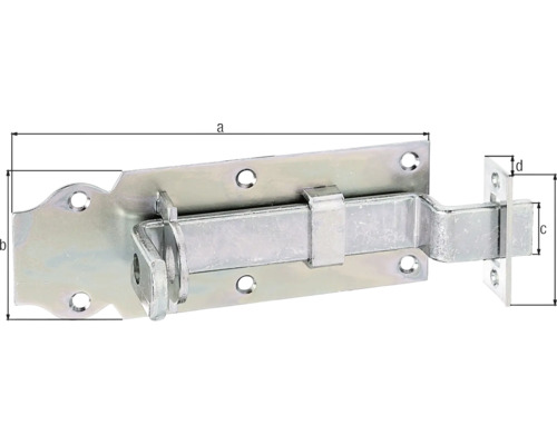 Verrou à coulisse métallique avec indications de dimensions pour montage sur portes ou portails