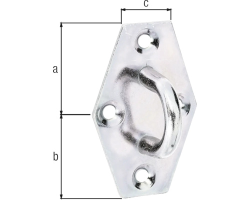 Crochet de plafond métallique avec plaque de fixation et dimensions.