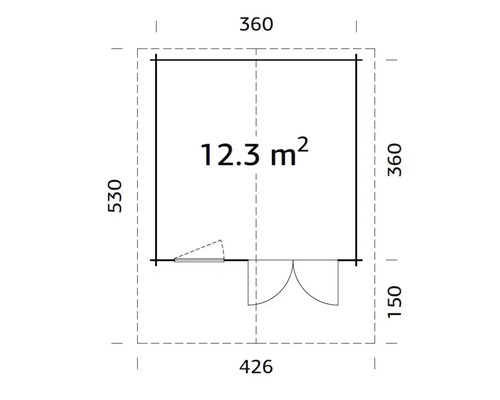 Plan d''un abri de jardin mesurant 426 sur 530 centimètres et d''une superficie de 12,3 mètres carrés.
