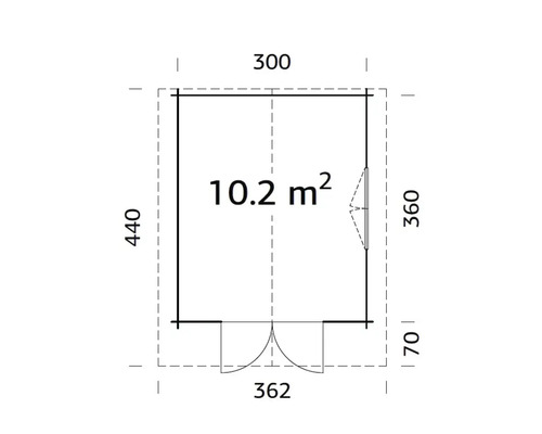Plan d''un abri de jardin mesurant 300 sur 440 centimètres et d''une superficie de 10,2 mètres carrés