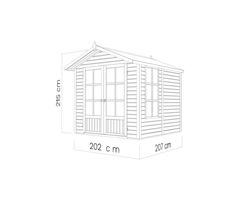 Schéma d''une cabane de jardin avec les dimensions suivantes : 215 cm de hauteur, 202 cm et 207 cm de largeur