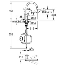 Technische Zeichnung einer Küchenarmatur mit Maßen