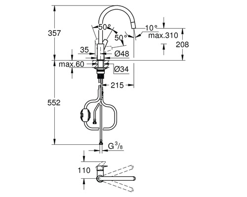 Technische Zeichnung einer Küchenarmatur mit Maßen