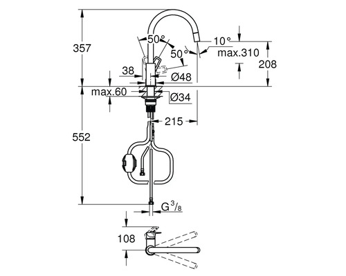Technische Zeichnung einer Küchenarmatur mit Maßangaben