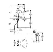 Technische Zeichnung einer Küchenarmatur mit Maßen