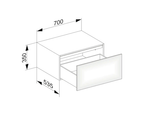 Dessin d''un meuble bas avec tiroir et indications de dimensions
