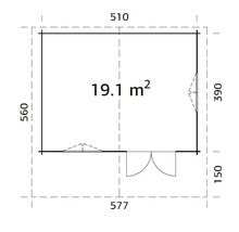 Grundrisszeichnung eines Gartenhauses mit Tür, Fenster und den Maßen 510 mal 577 Zentimeter sowie einer Fläche von 19,1 Quadratmetern.