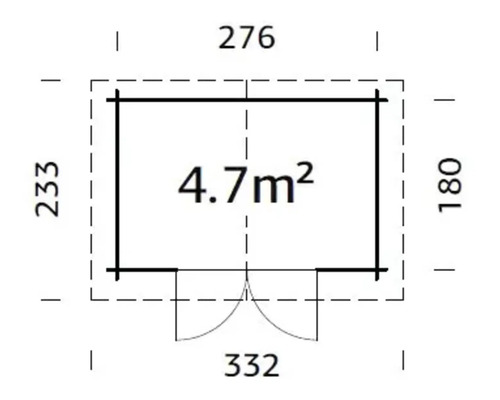 Plan d''un abri de jardin avec des dimensions de 276 x 332 x 233 x 180 centimètres et une surface de 4,7 mètres carrés