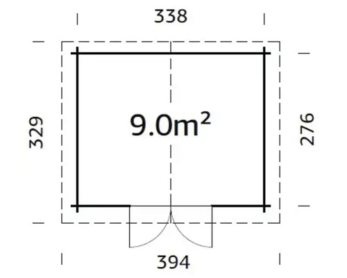 Plan d''un abri de jardin mesurant 338 x 329 x 276 x 394 centimètres et d''une superficie de 9 mètres carrés.