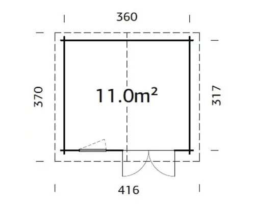 Plan d''un abri de jardin avec des dimensions de 360 x 370 x 317 x 416 centimètres et une superficie de 11 mètres carrés