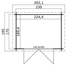 Schéma technique d''une cabane de jardin avec dimensions