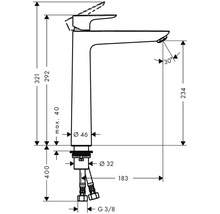 Masszeichnung einer Waschtischarmatur mit den Massen Höhe 321 mm, Ausladung 234 mm und Durchmesser 46 mm.