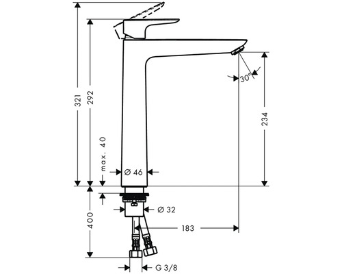 Masszeichnung einer Waschtischarmatur mit den Massen Höhe 321 mm, Ausladung 234 mm und Durchmesser 46 mm.