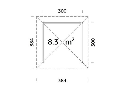 Plan d''un abri de jardin d''une superficie de 8.3 mètres carrés et de dimensions 300 centimètres sur 384 centimètres.