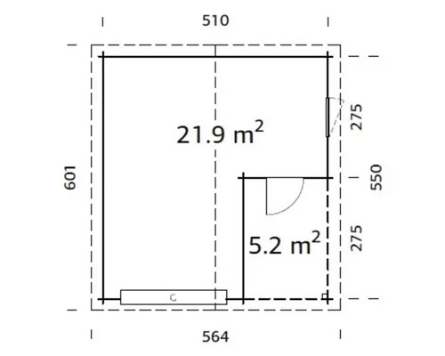 Grundrisszeichnung eines Gartenhauses mit den Massen 510 x 564 x 601 cm und einer Gesamtfläche von 27,1 Quadratmetern.
