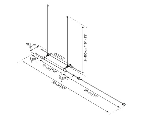 Schéma technique d''une lampe avec dimensions en centimètres et en pouces