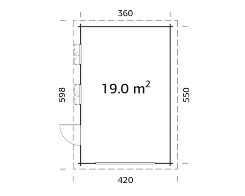 Grundriss mit Massangaben: 360 x 420 x 550 x 598, Fläche 19.0 Quadratmeter