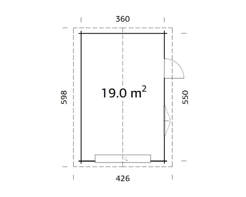 Plan d''un abri de jardin mesurant 360 sur 598 centimètres et d''une superficie de 19 mètres carrés.