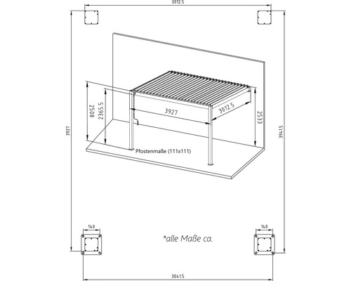 Dessin technique d''une marquise de terrasse avec indications de dimensions