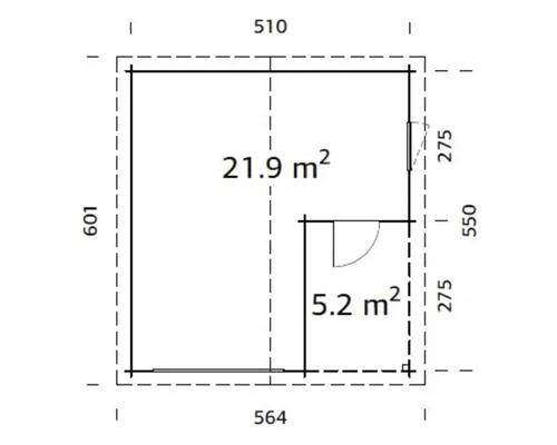 Grundriss mit Maßangaben zu einem Haus mit zwei Zimmern