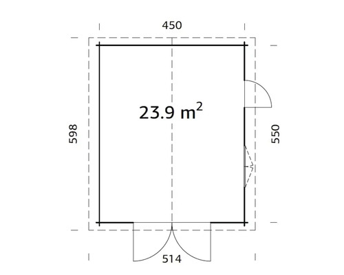Grundrisszeichnung eines Gartenhauses mit den Massen 450 mal 598 Zentimeter und einer Fläche von 23,9 Quadratmetern.