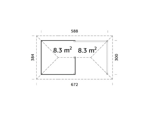 Plan avec dimensions : 588 centimètres de largeur, 672 centimètres de longueur et 384 et 300 centimètres de hauteur.
