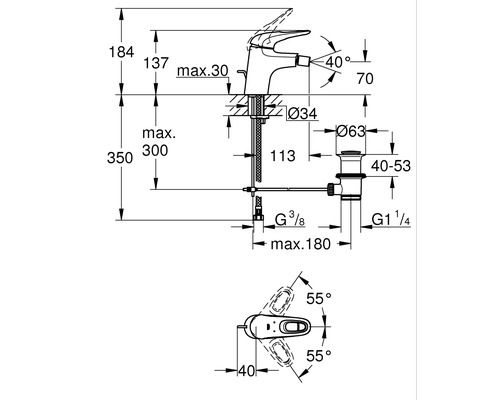 Dessin technique d''un robinet de lavabo avec indications de mesure