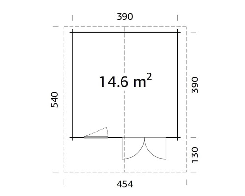 Plan d''un abri de jardin avec porte et fenêtre, surface de 14.6 mètres carrés, dimensions 454 x 540 centimètres