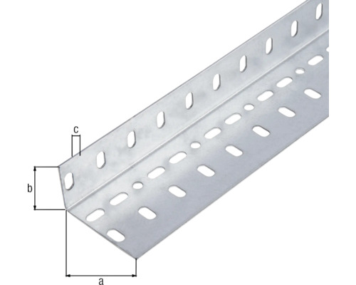 Gelochter Winkel aus Metall mit Massangaben a, b und c.