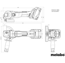 Technische Zeichnung eines Metabo Winkelschleifers mit Maßangaben